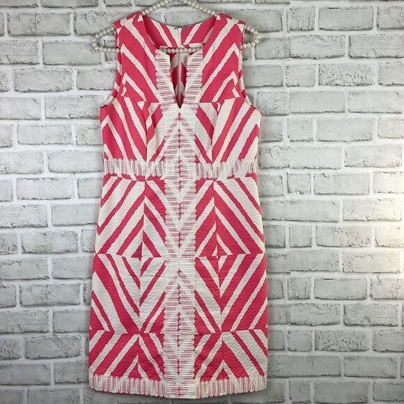 Taylor Dress Pink White Chevron Print Textured Cotton Lace Accent 100% Cotton - Picture 10 of 10